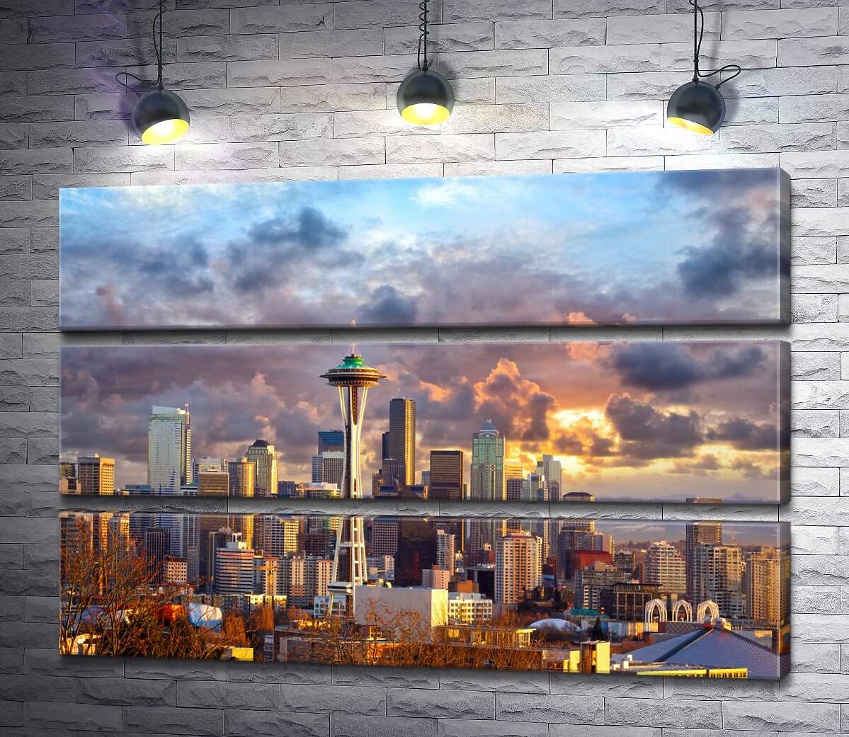 модульная картина Обзорная башня Space Needle потерялась среди небоскребов Сиэтла (Модуль №15)