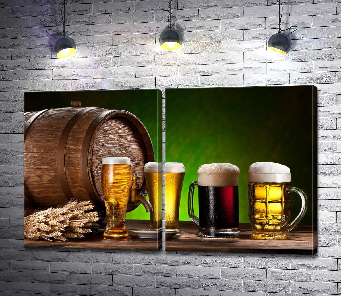 модульна картина Різні сорти пива піняться в прозорих келихах біля бочки