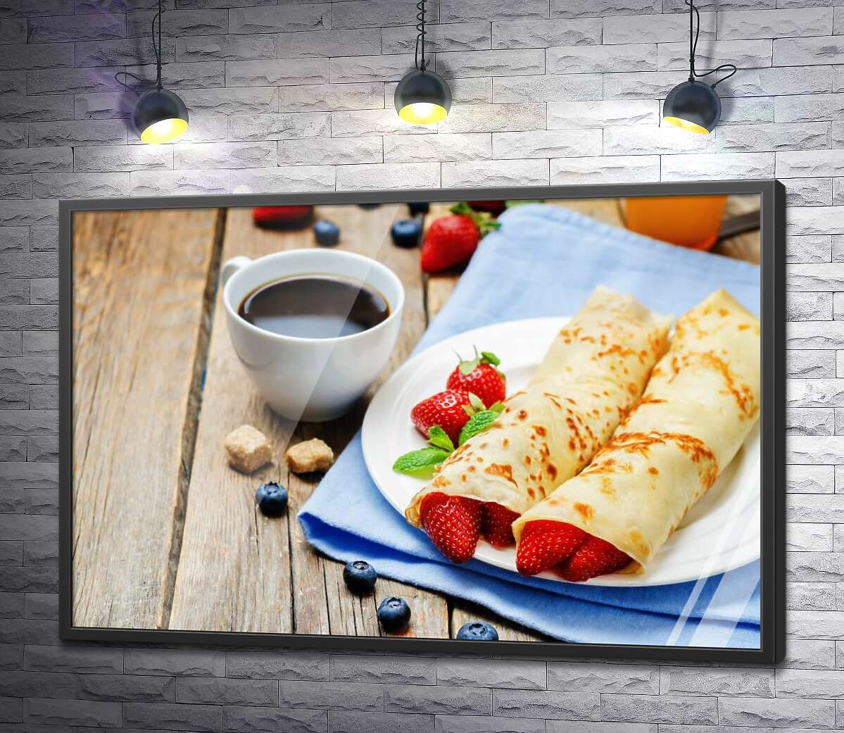 постер Блинчики с клубникой и кофе на завтрак