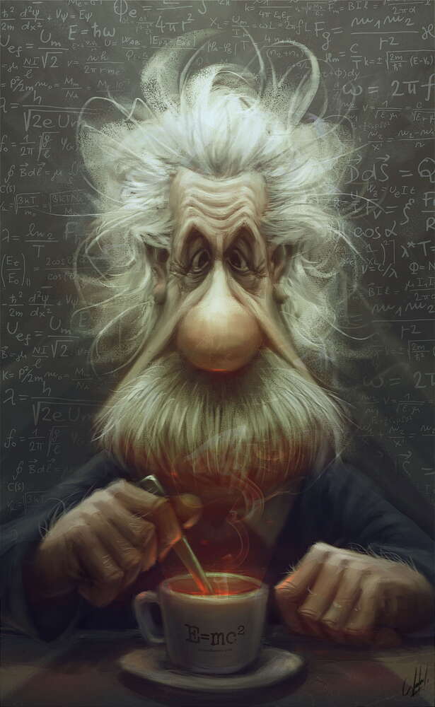 картина-постер Карикатура на Альберта Ейнштейна (Albert Einstein), що п'є чай