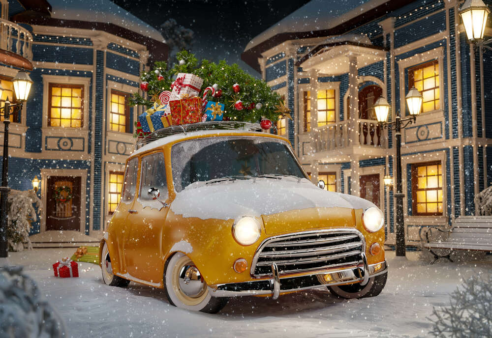 картина-постер Желтый ретро автомобиль среди сказочной улицы новогоднего города