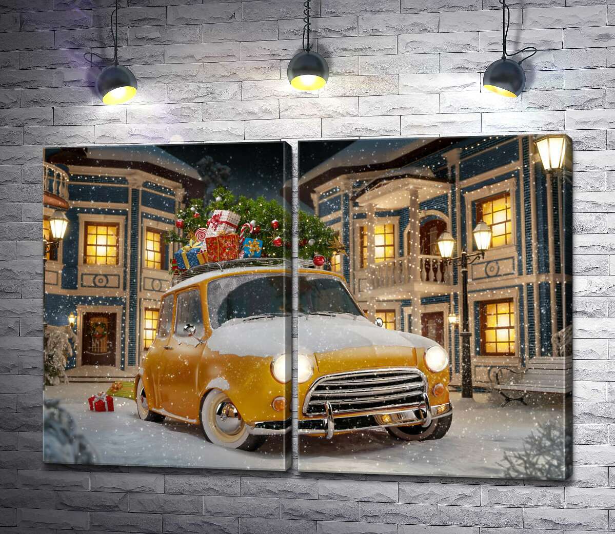 модульная картина Желтый ретро автомобиль среди сказочной улицы новогоднего города