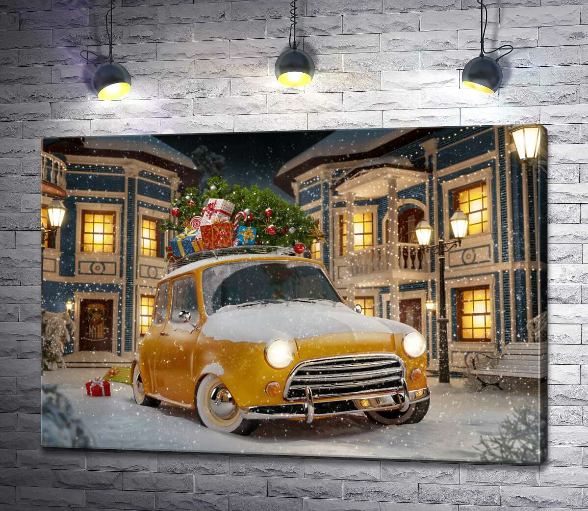 картина Желтый ретро автомобиль среди сказочной улицы новогоднего города