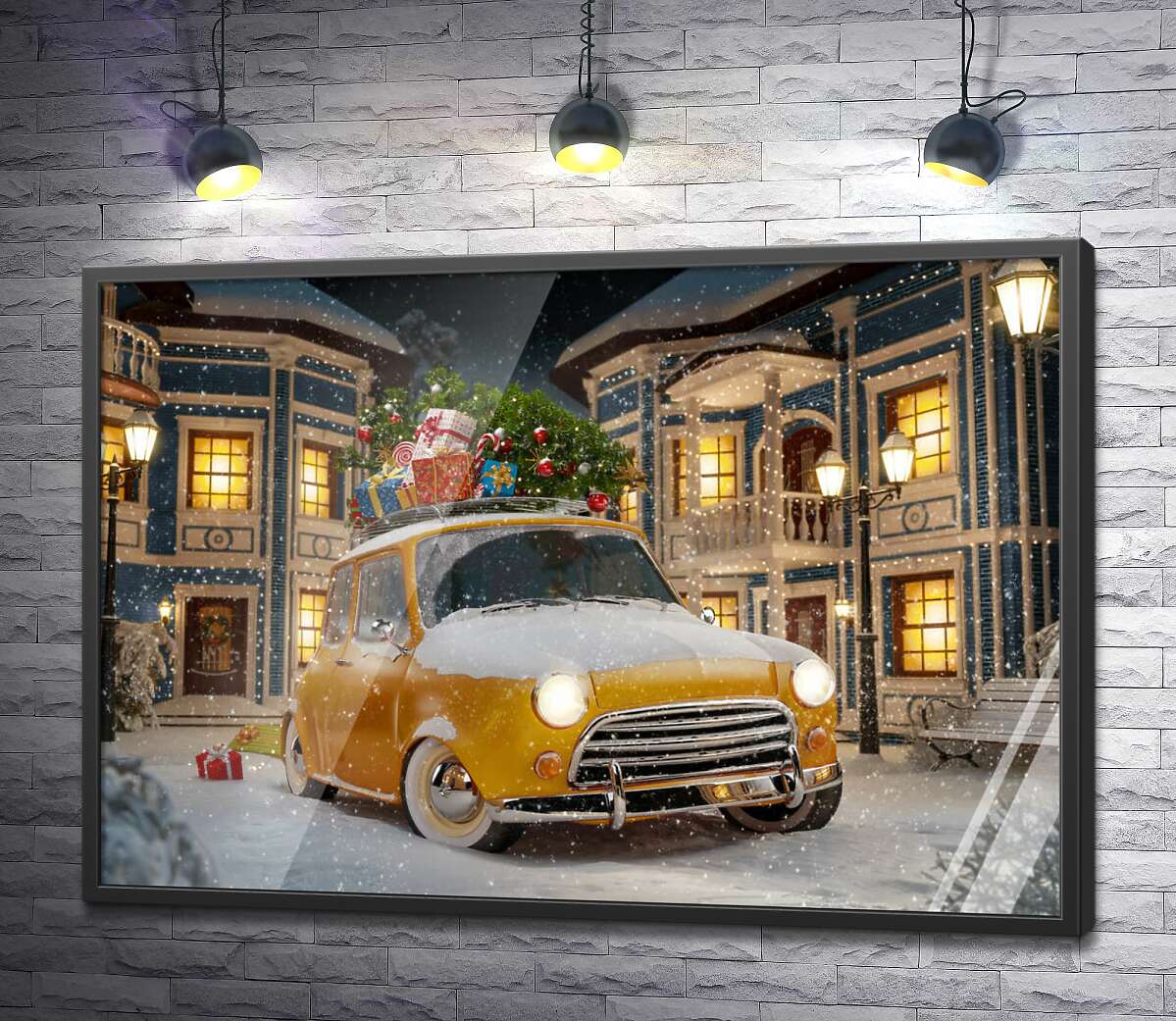 постер Желтый ретро автомобиль среди сказочной улицы новогоднего города