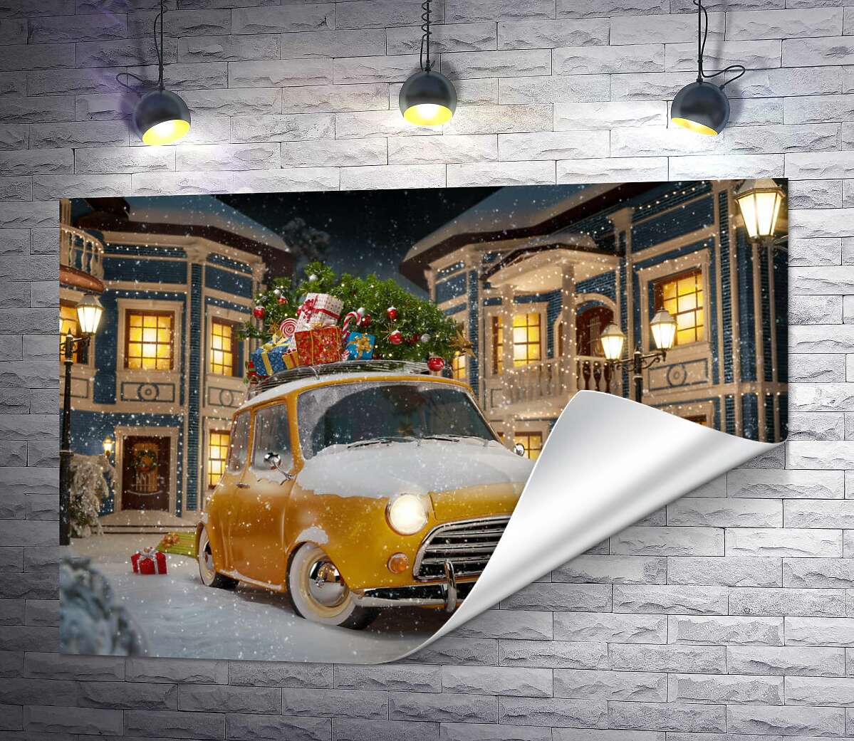 друк Жовтий ретро-автомобіль серед казкової вулиці новорічного міста