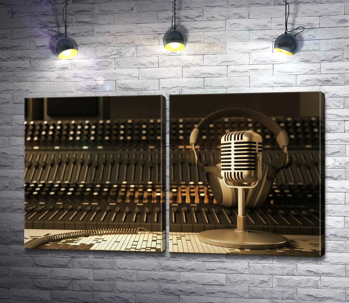 модульная картина Микрофон, наушники и микшерный пульт в звукозаписывающей студии