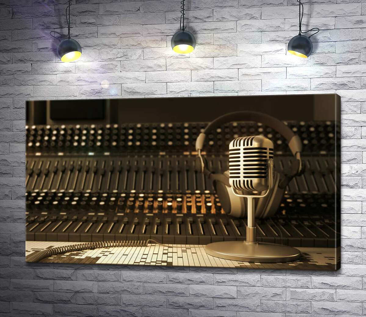 картина Микрофон, наушники и микшерный пульт в звукозаписывающей студии
