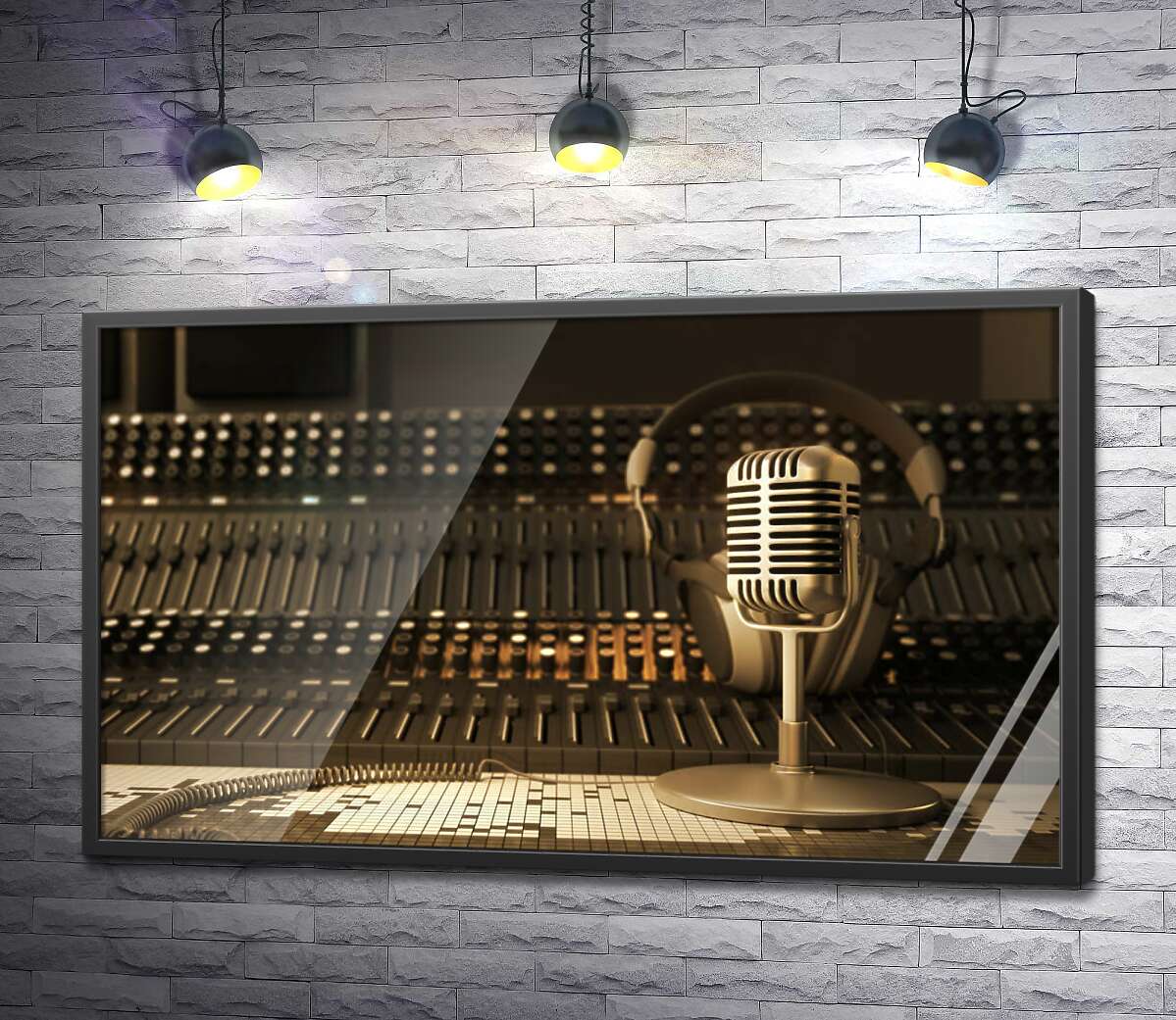 постер Микрофон, наушники и микшерный пульт в звукозаписывающей студии
