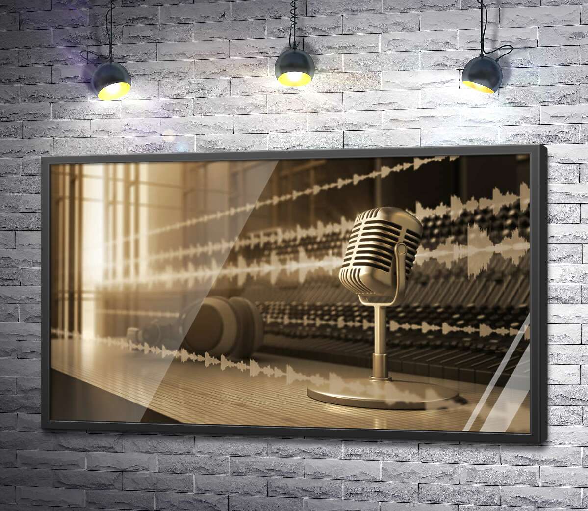 постер Строки записи голоса проходят мимо микрофона в студии