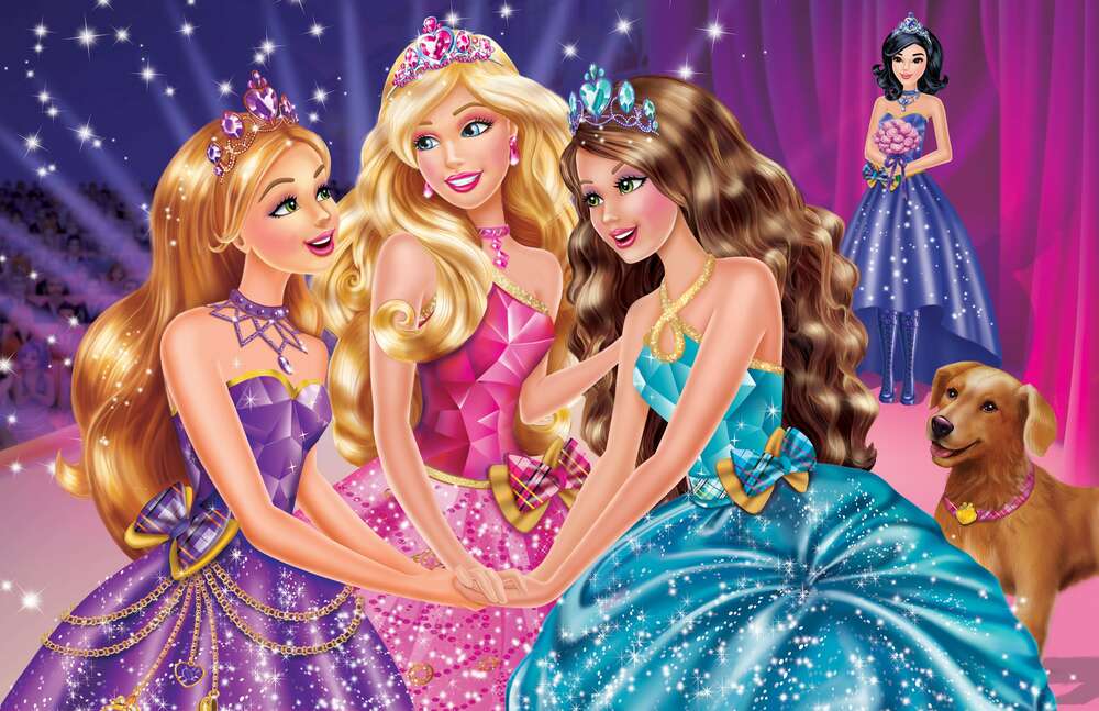 картина-постер Три подруги Блер, Хайлі та Айла на постері до мультфільму "Барбі: Академія принцес" (Barbie: Princess Charm School)