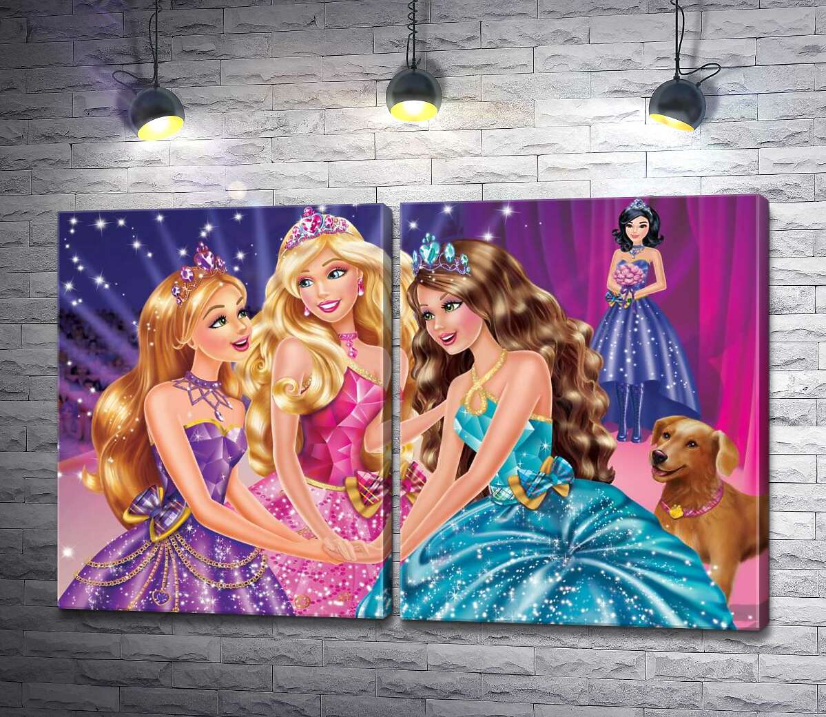 модульная картина Три подруги Блэр, Хайли и Айла на постере к мультфильму "Барби: Академия принцесс" (Barbie: Princess Charm School)