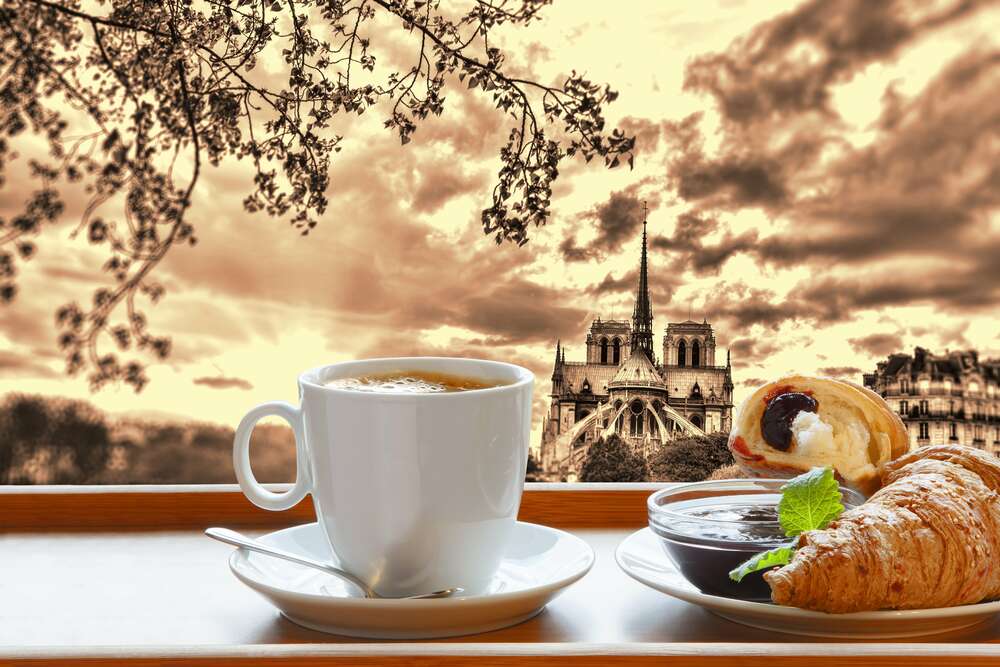 картина-постер Сніданок в Парижі: кава та круасани з шоколадом