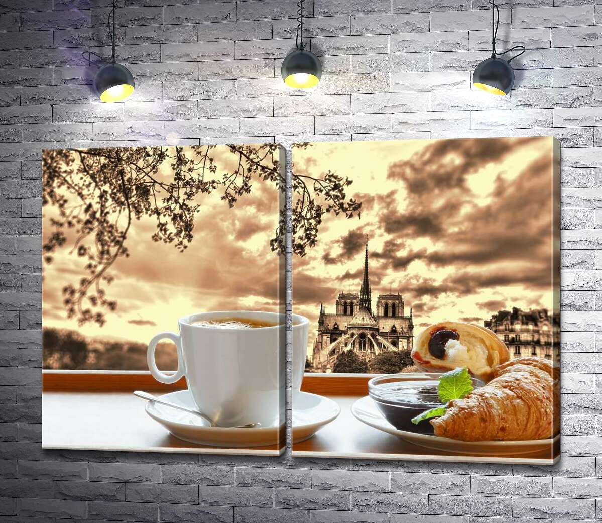 модульная картина Завтрак в Париже: кофе и круассаны с шоколадом