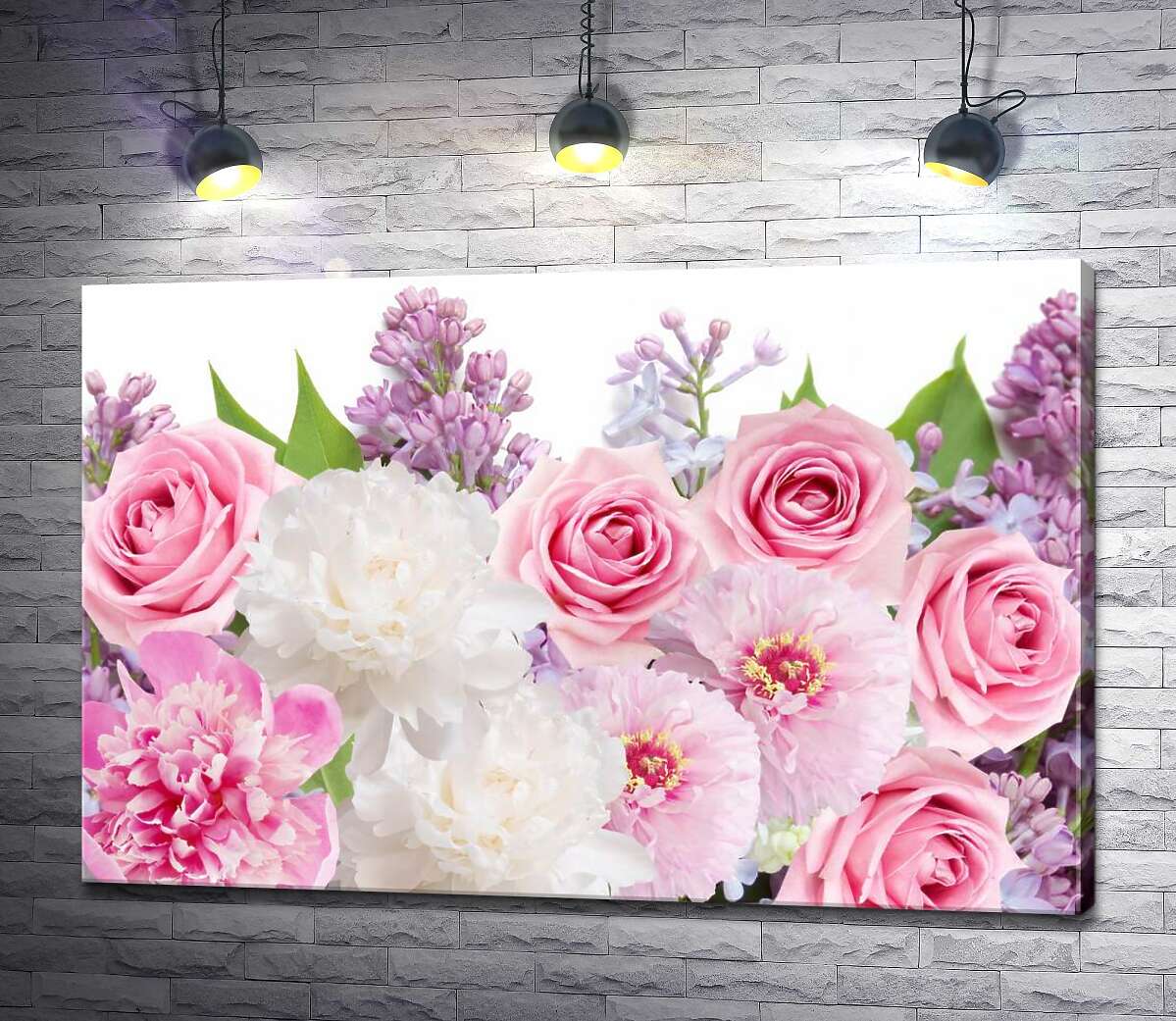 картина Розы, пионы, сирень и циннии в нежно-розовой композиции