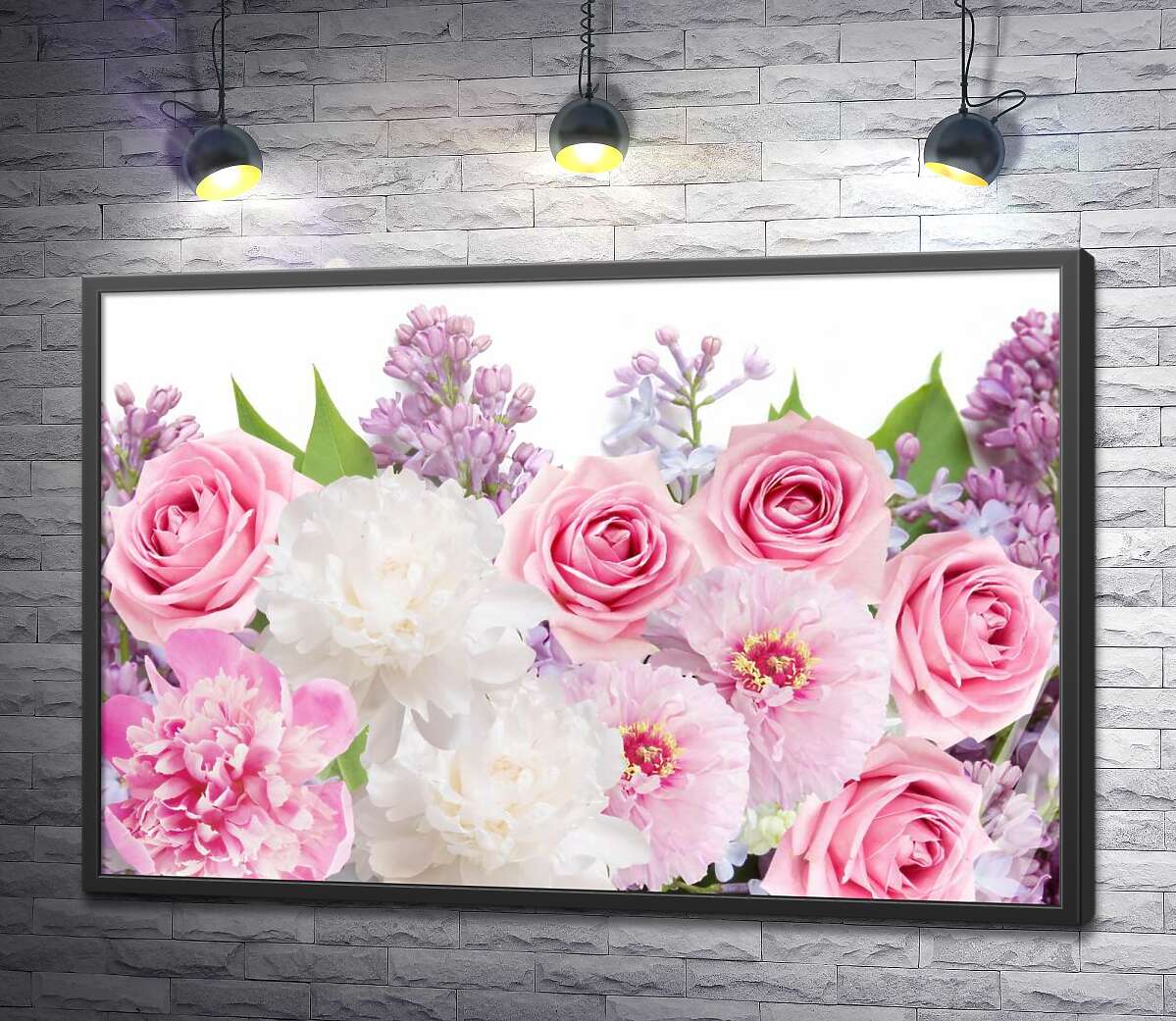 постер Розы, пионы, сирень и циннии в нежно-розовой композиции