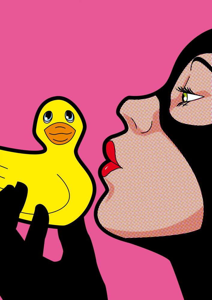 картина-постер Жінка-кішка (Cat woman) цілує гумову качку