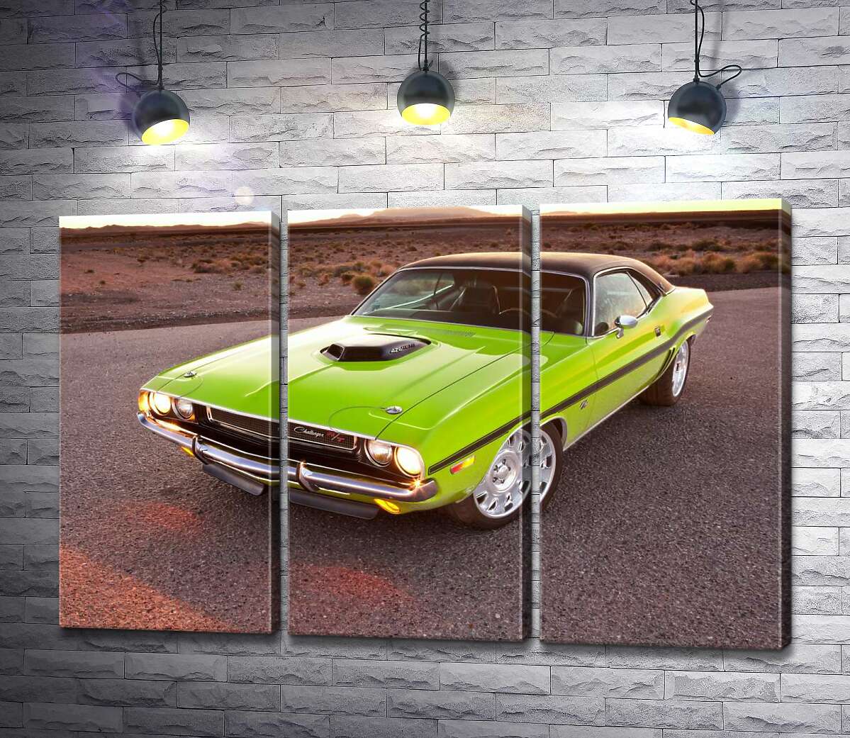 модульная картина Яркий автомобиль Dodge Challenger на дороге среди пустыни (Модуль №2)