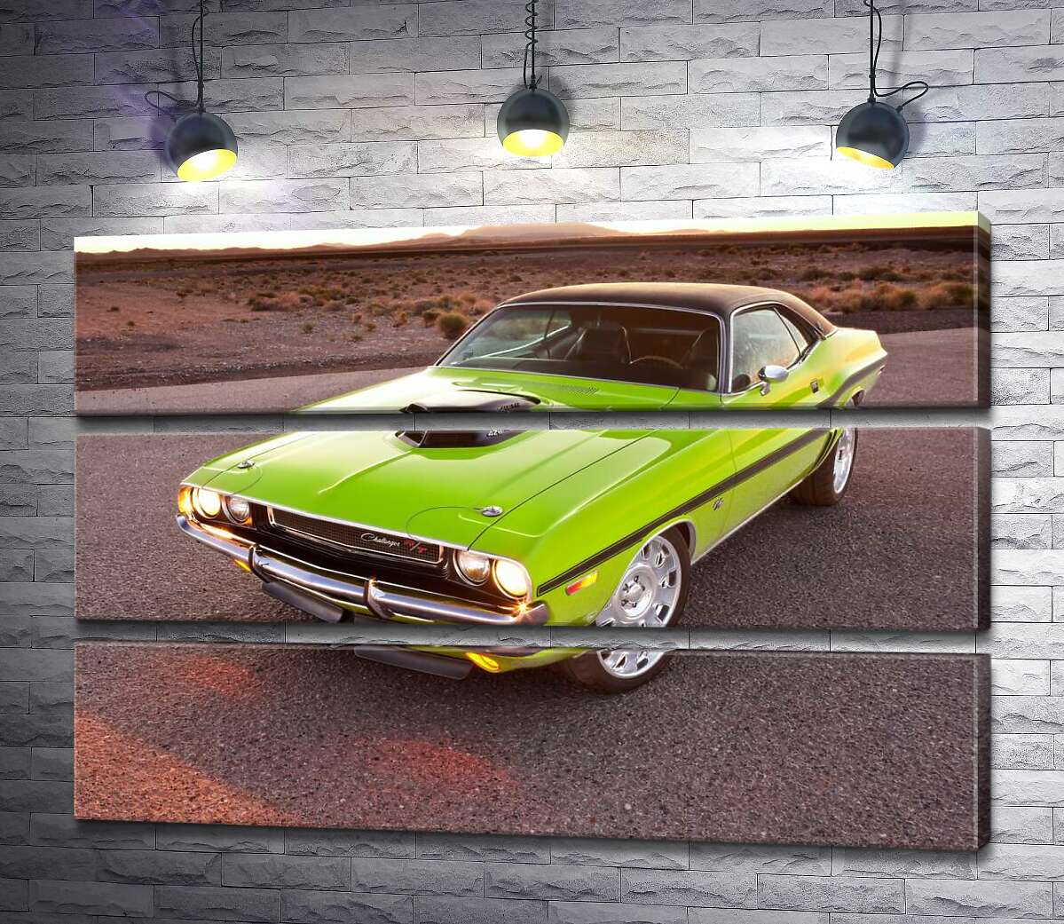 модульна картина Яскравий автомобіль Dodge Challenger на дорозі серед пустелі (Модуль №15)