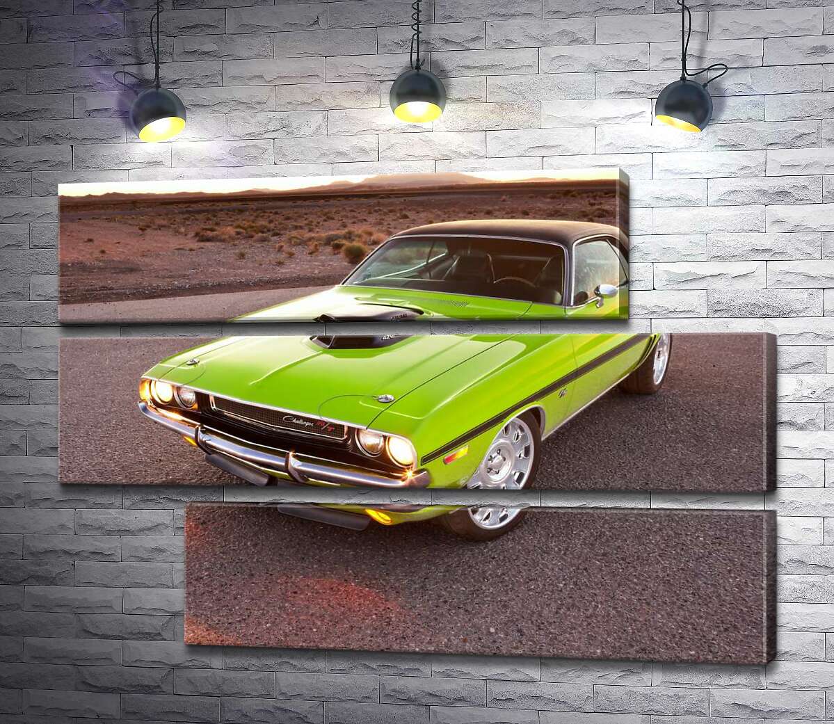 модульна картина Яскравий автомобіль Dodge Challenger на дорозі серед пустелі (Модуль №16)
