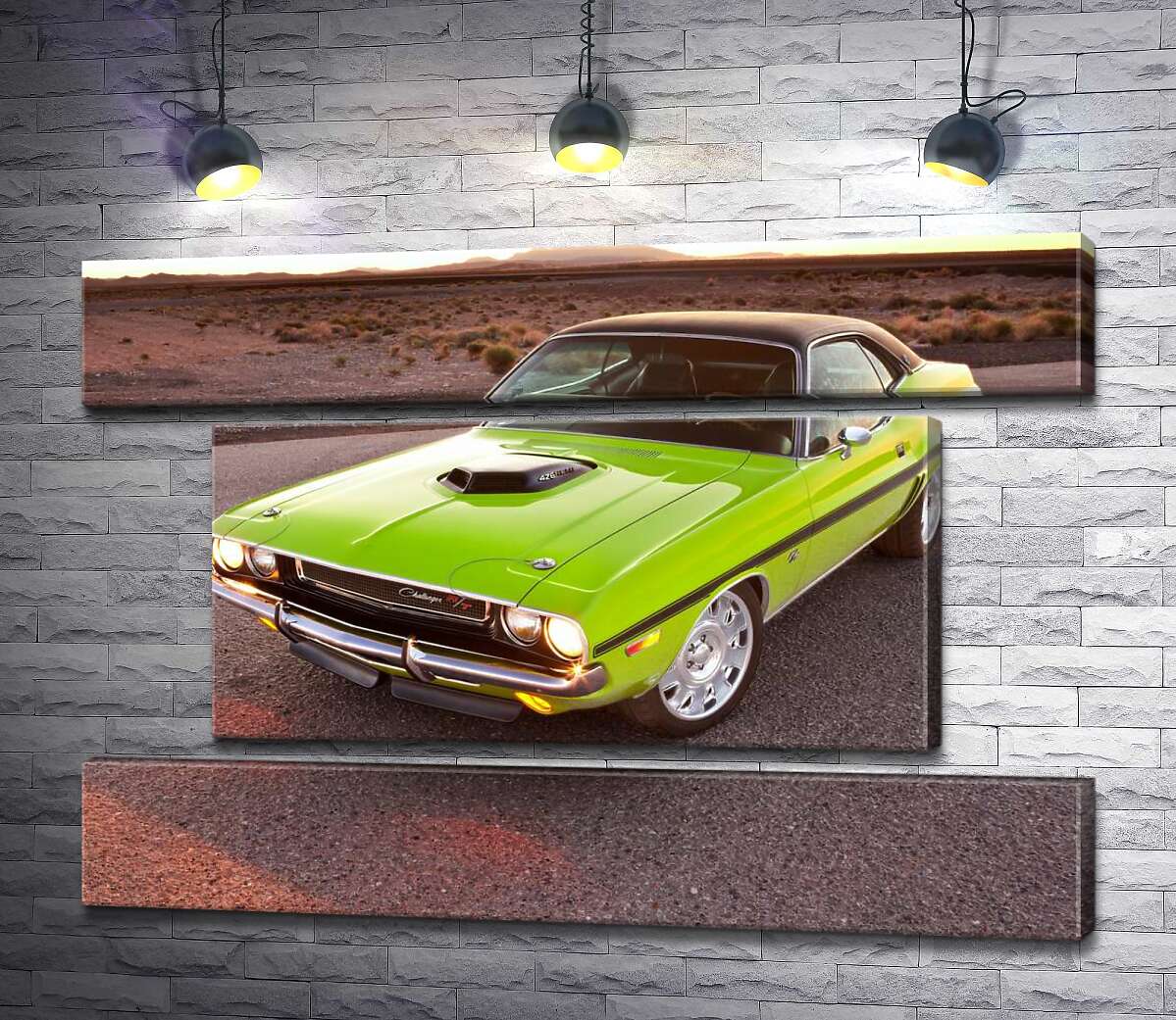 модульная картина Яркий автомобиль Dodge Challenger на дороге среди пустыни (Модуль №18)