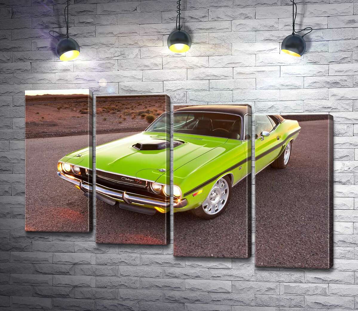 модульная картина Яркий автомобиль Dodge Challenger на дороге среди пустыни (Модуль №19)