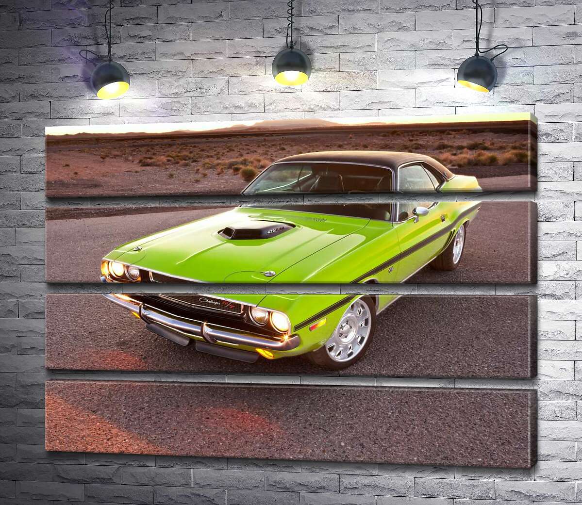 модульна картина Яскравий автомобіль Dodge Challenger на дорозі серед пустелі (Модуль №22)
