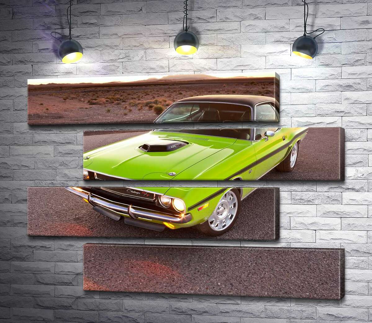 модульна картина Яскравий автомобіль Dodge Challenger на дорозі серед пустелі (Модуль №23)