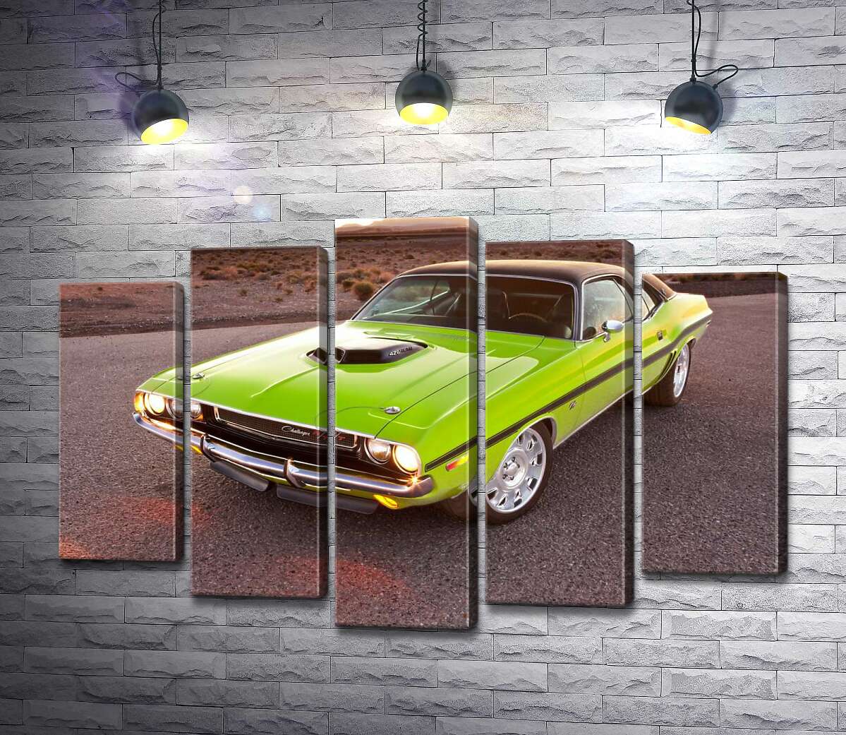 модульная картина Яркий автомобиль Dodge Challenger на дороге среди пустыни (Модуль №4)