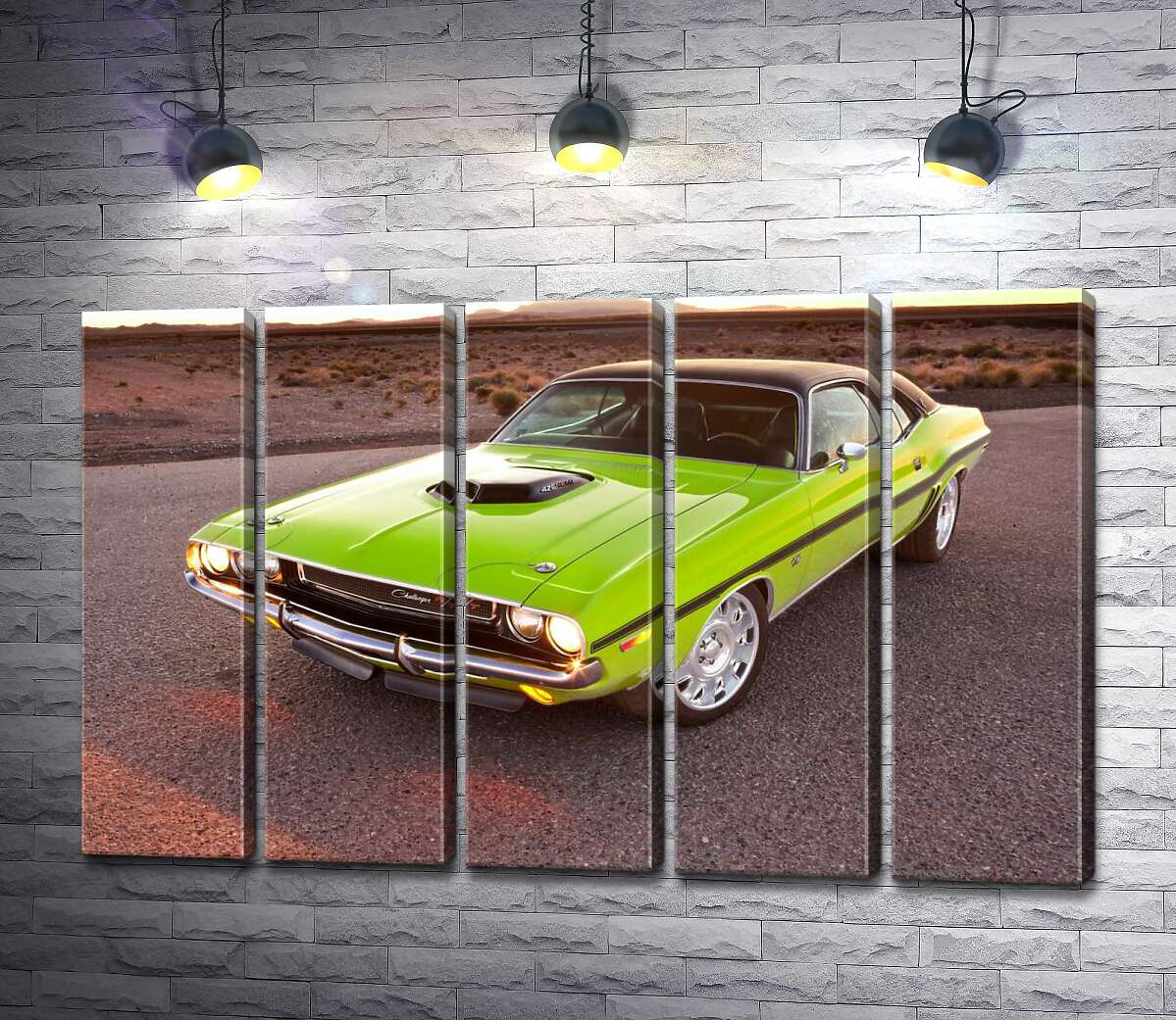 модульна картина Яскравий автомобіль Dodge Challenger на дорозі серед пустелі (Модуль №26)