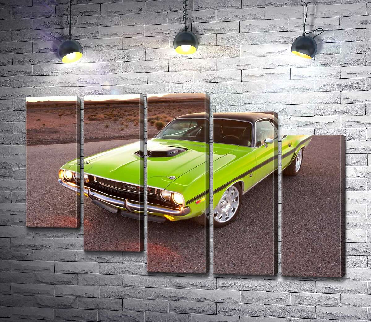 модульная картина Яркий автомобиль Dodge Challenger на дороге среди пустыни (Модуль №28)