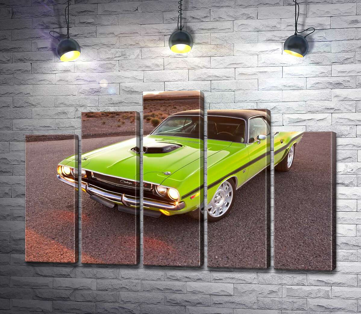 модульная картина Яркий автомобиль Dodge Challenger на дороге среди пустыни (Модуль №29)