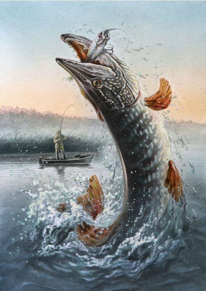 картина-постер Щука вистрибнула з води, ловлячи приманку