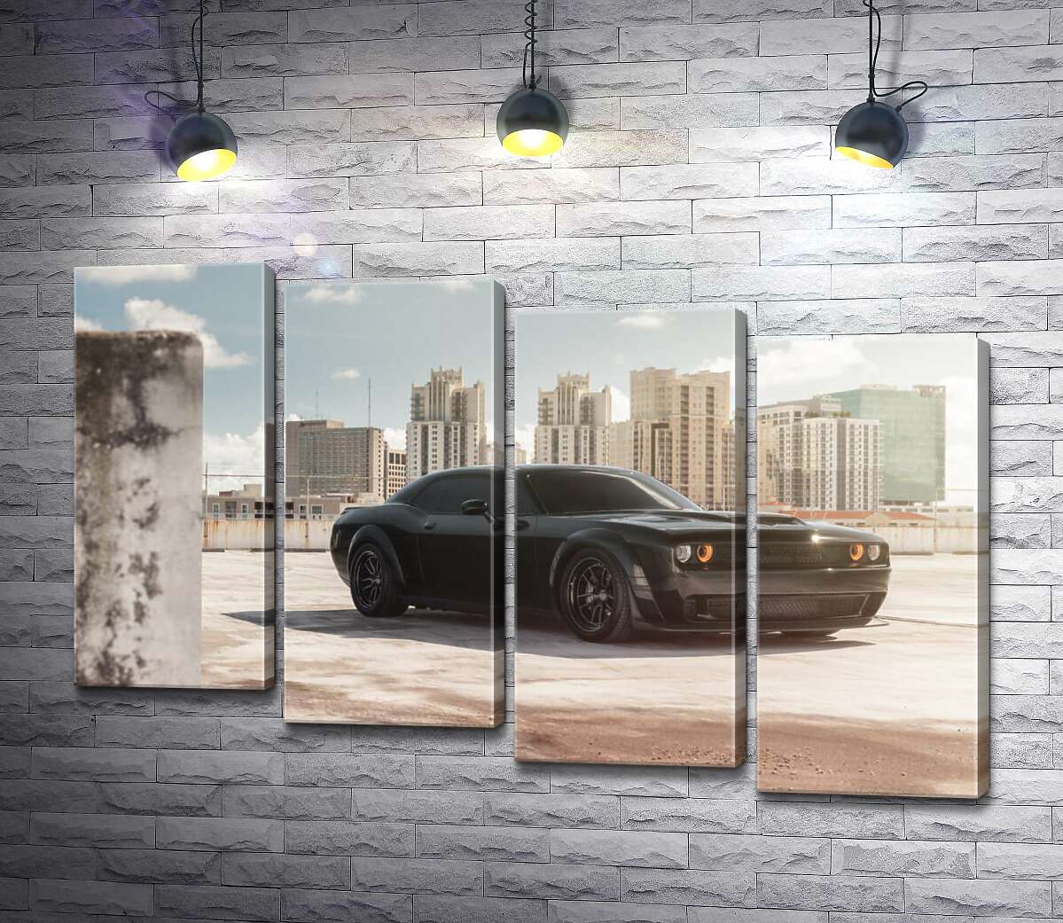 модульная картина Черный автомобиль Dodge Challenger Hellcat на фоне домов (Модуль №19)