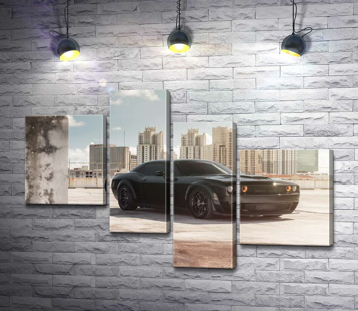 модульна картина Чорний автомобіль Dodge Challenger Hellcat на фоні будинків (Модуль №21)