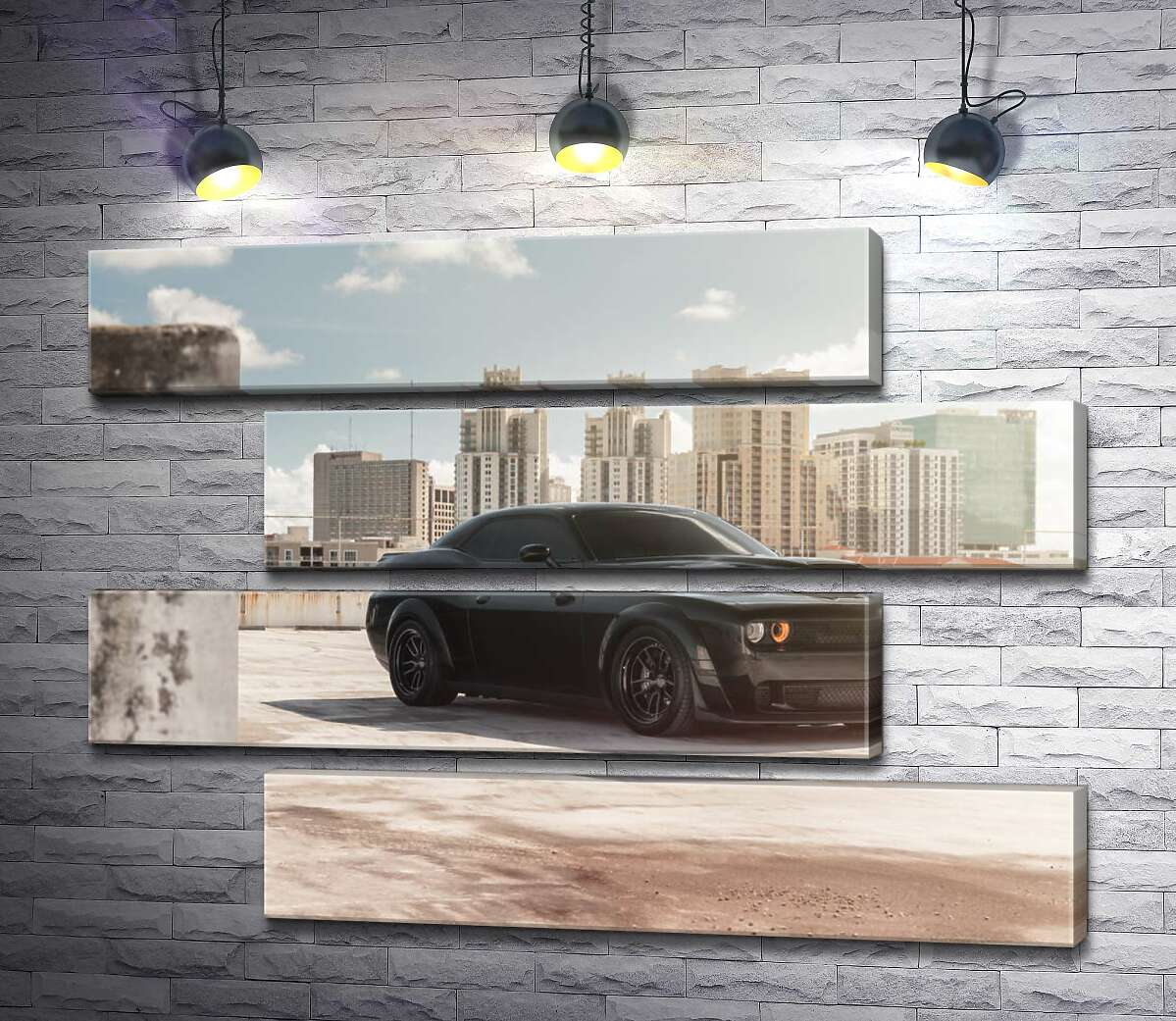 модульна картина Чорний автомобіль Dodge Challenger Hellcat на фоні будинків (Модуль №23)