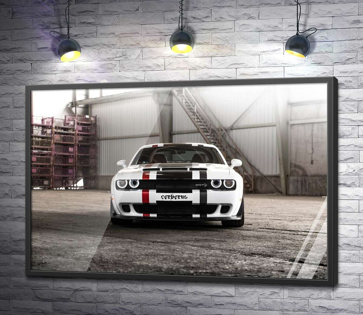 постер Белая модель автомобиля Dodge Challenger Hellcat