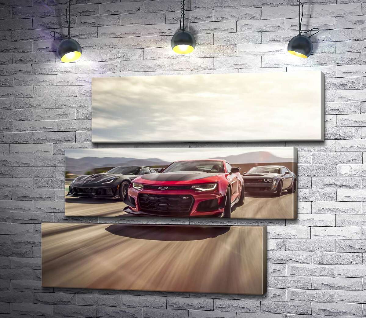 модульная картина Chevrolet Camaro ZL1 едет во главе спортивных автомобилей (Модуль №17)