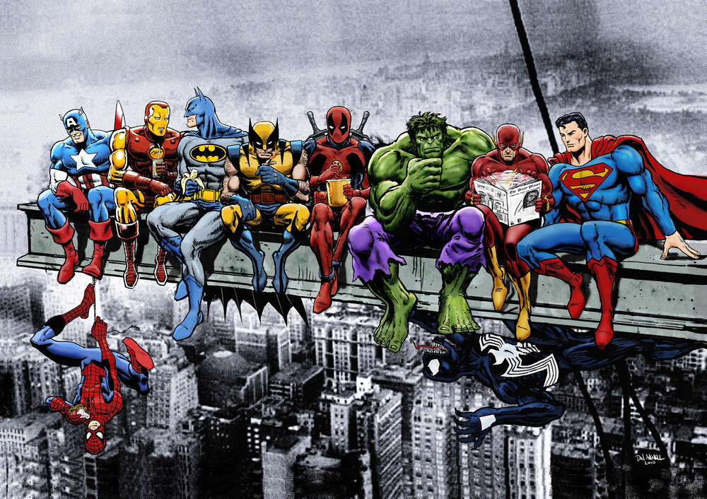 картина-постер Обід супергероїв Marvel на хмарочосі