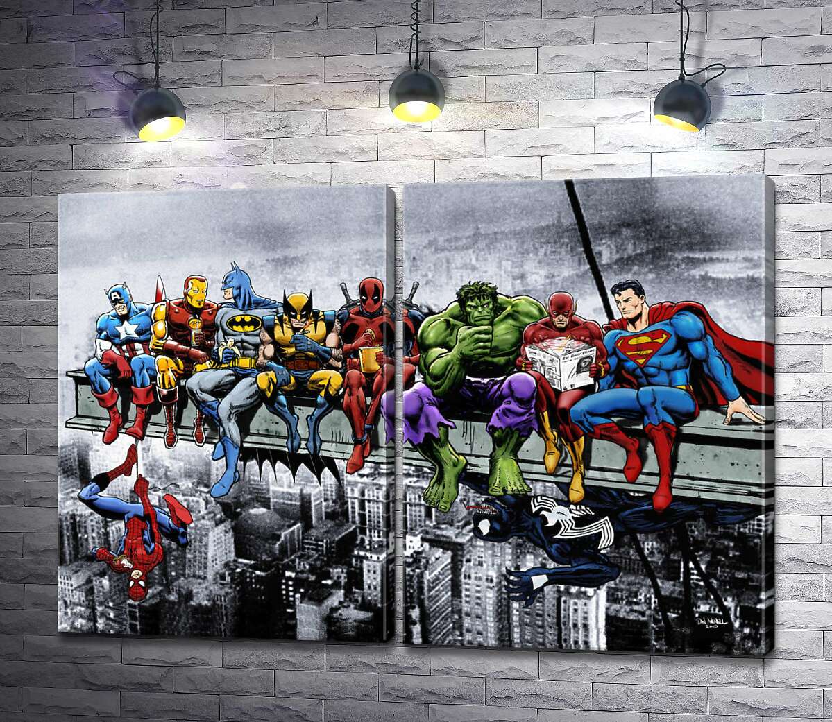 модульна картина Обід супергероїв Marvel на хмарочосі