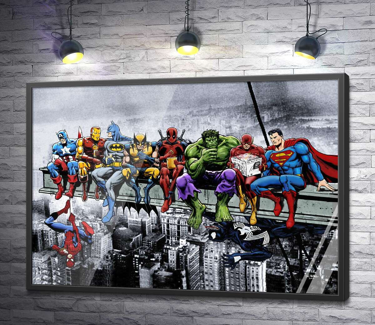 постер Обед супергероев Marvel на небоскребе