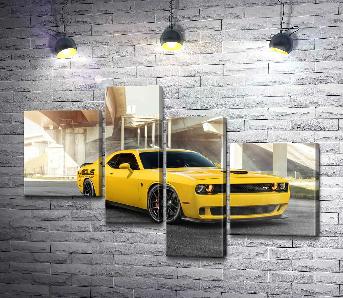 модульная картина Желтый автомобиль Dodge Challenger Hellcat остановился под мостом (Модуль №21)