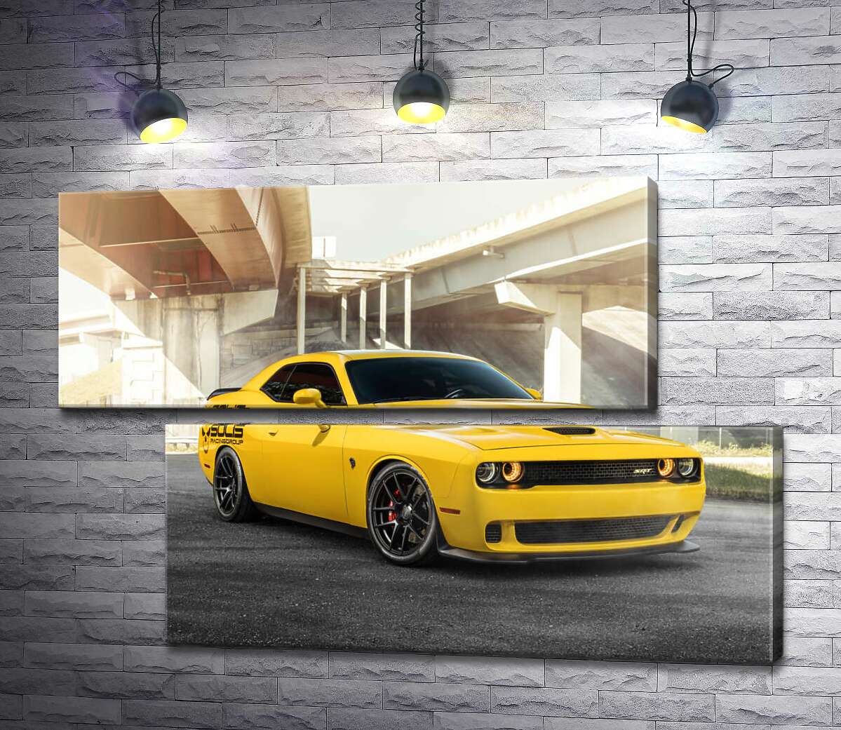 модульная картина Желтый автомобиль Dodge Challenger Hellcat остановился под мостом (Модуль №8)