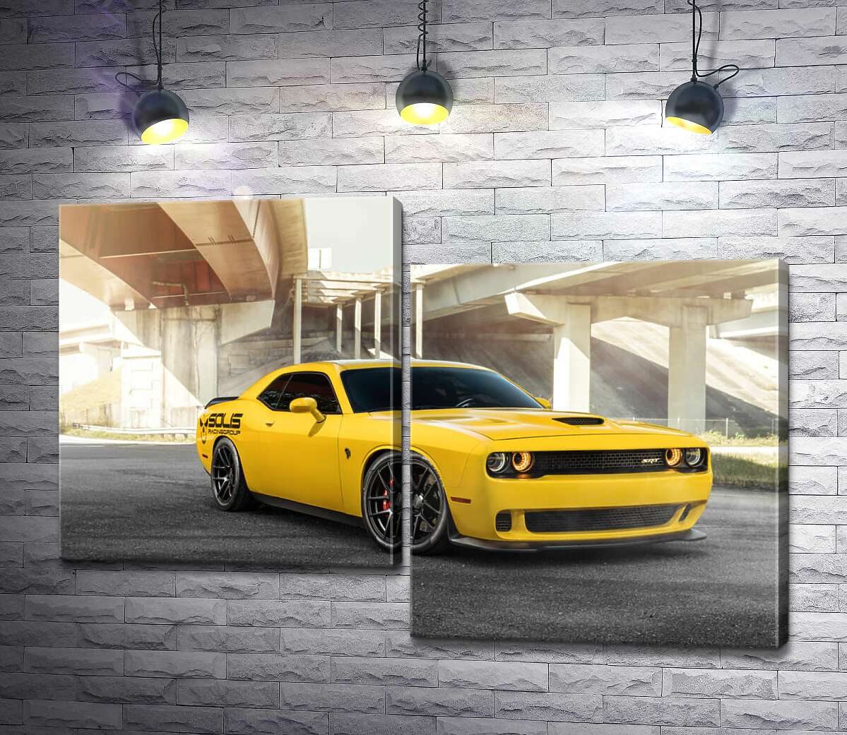модульная картина Желтый автомобиль Dodge Challenger Hellcat остановился под мостом (Модуль №9)