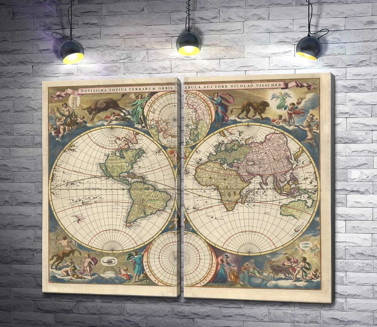 модульна картина Карта земних півкуль авторства Ніколаса Вісшера (Nicolaes Visscher)