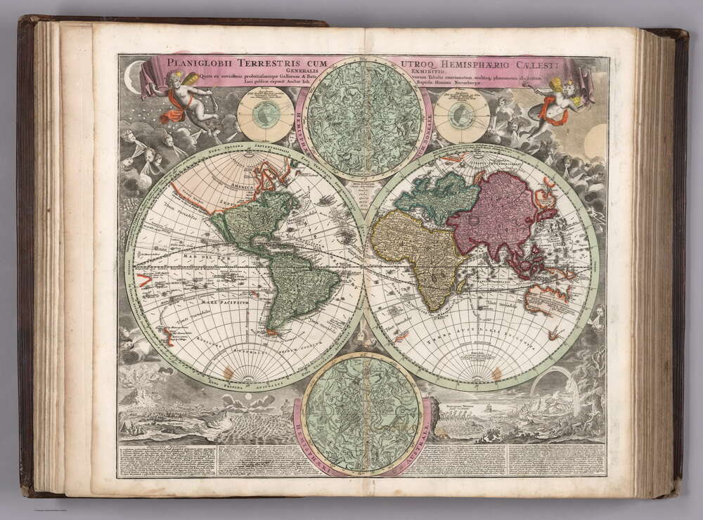 картина-постер Карта полушарий Земли 1707 года в атласе немецкого картографа Иоганна-Баптиста Гоммана (Johann Baptist Homann)