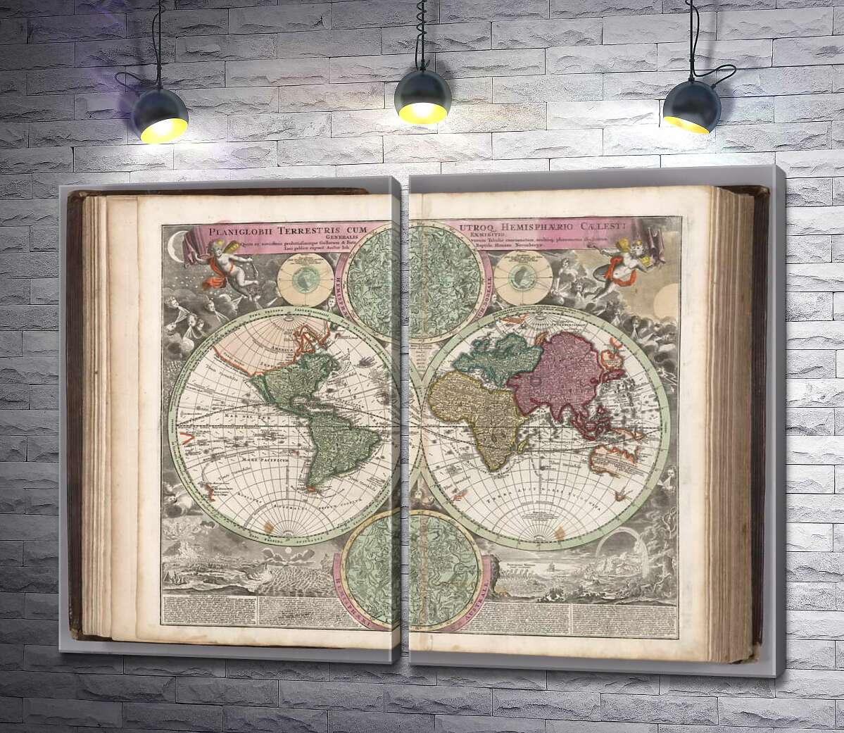модульная картина Карта полушарий Земли 1707 года в атласе немецкого картографа Иоганна-Баптиста Гоммана (Johann Baptist Homann)