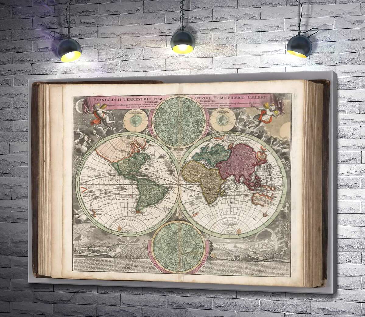 картина Карта полушарий Земли 1707 года в атласе немецкого картографа Иоганна-Баптиста Гоммана (Johann Baptist Homann)