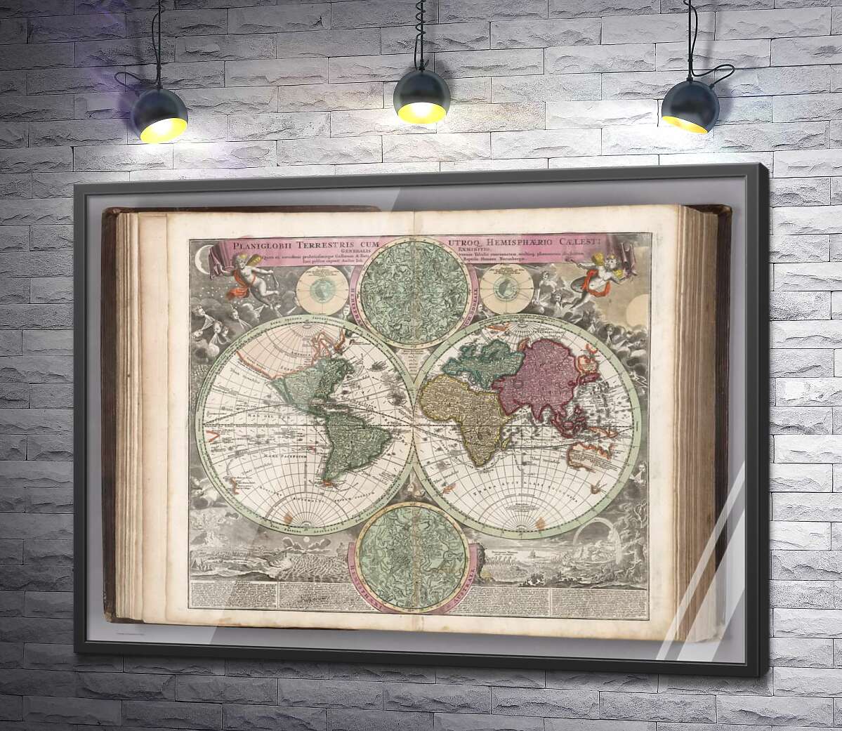 постер Карта полушарий Земли 1707 года в атласе немецкого картографа Иоганна-Баптиста Гоммана (Johann Baptist Homann)