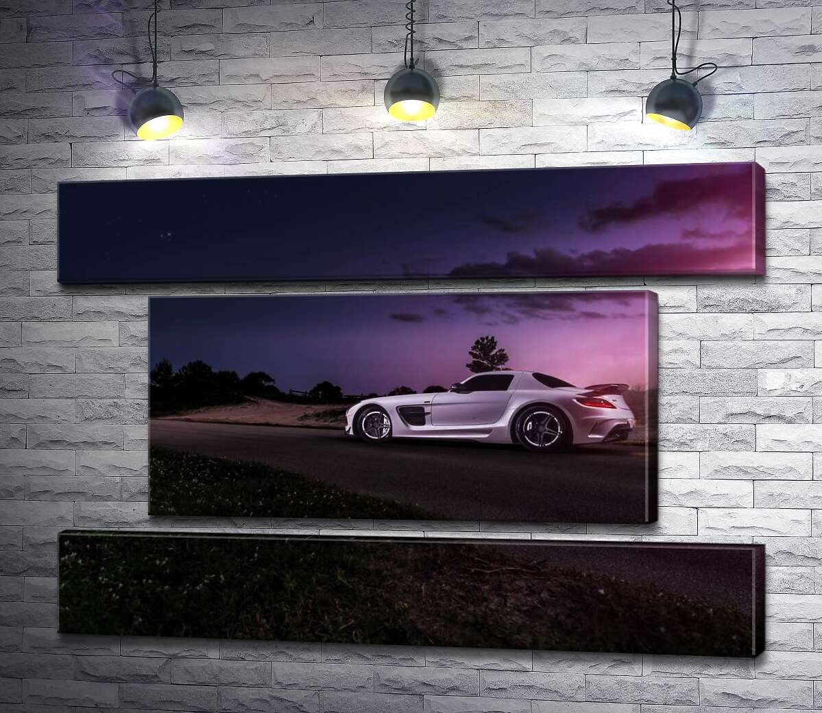 модульная картина Белая модель автомобиля Mercedes-Benz SLS AMG в фиолетовых сумерках (Модуль №18)