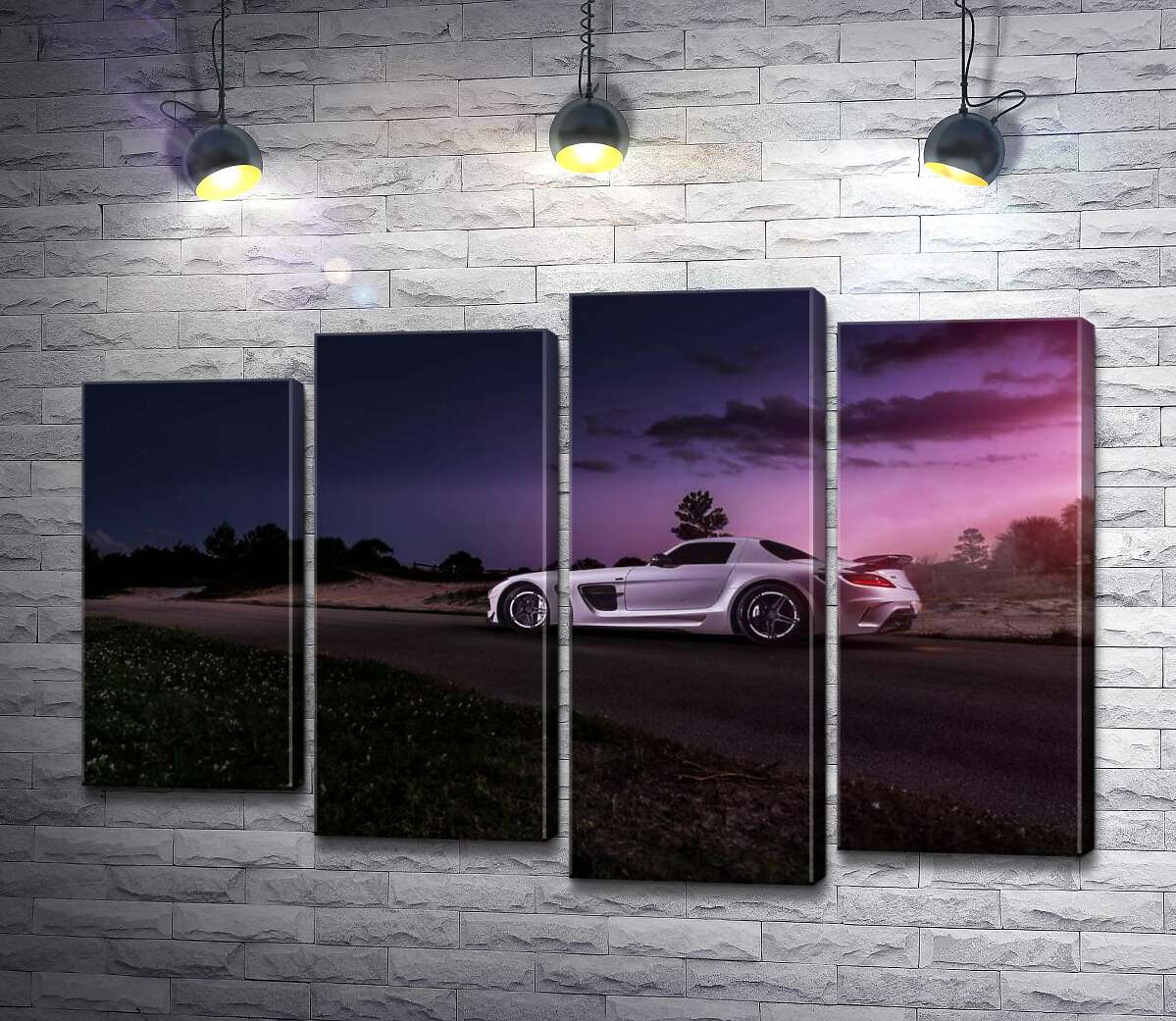 модульна картина Біла модель автомобіля Mercedes-Benz SLS AMG у фіолетових сутінках (Модуль №3)